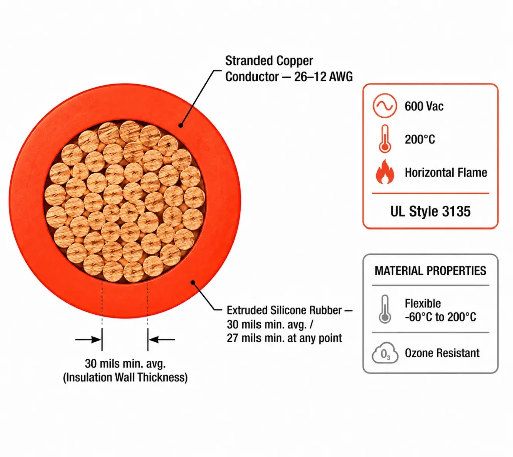 UL Style 3135 cross-section diagram 30 mil silicone rubber insulation 200°C 600V