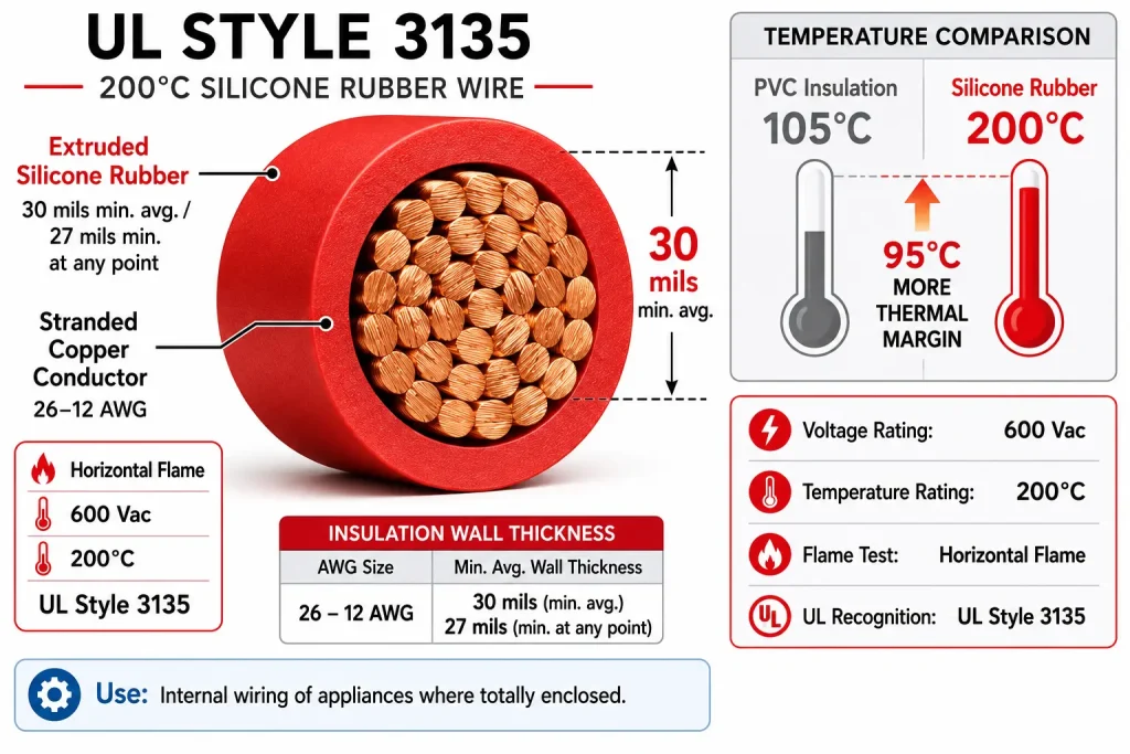 UL 3135 silicone rubber 200°C vs PVC 105°C temperature comparison cross-section diagram