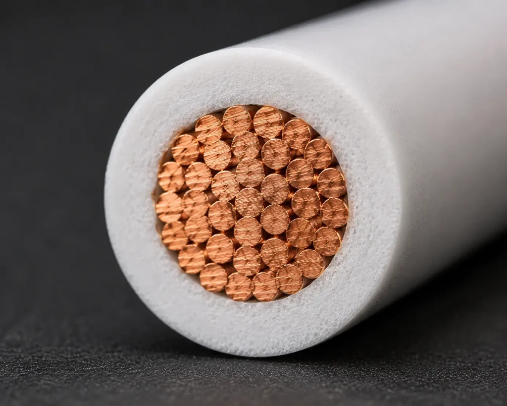 Macro cross-section UL 3135 200°C silicone rubber wire matte texture copper conductor