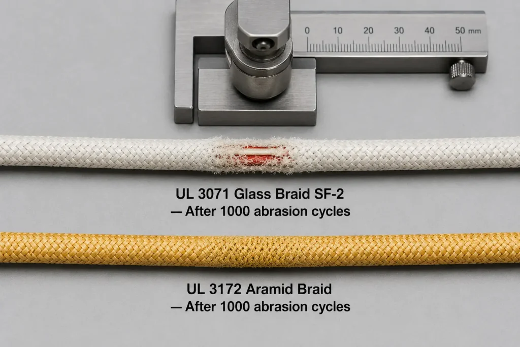 UL 3172 aramid braid vs glass braid abrasion resistance comparison after 1000 cycles