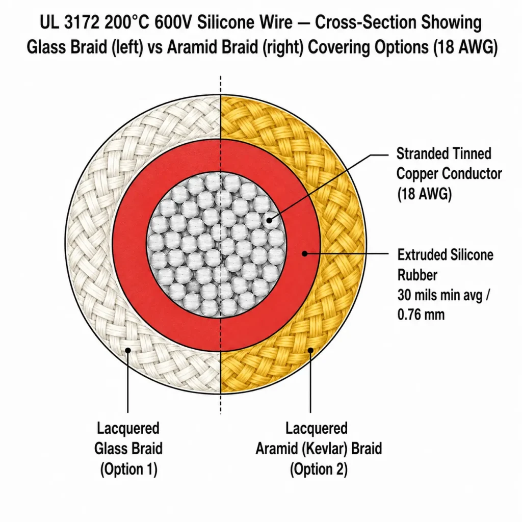 UL 3172 cross-section diagram comparing glass braid and aramid braid covering options