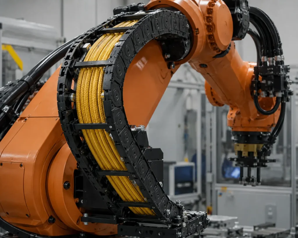 UL 3172 aramid wires in KUKA industrial robot energy chain cable carrier installation