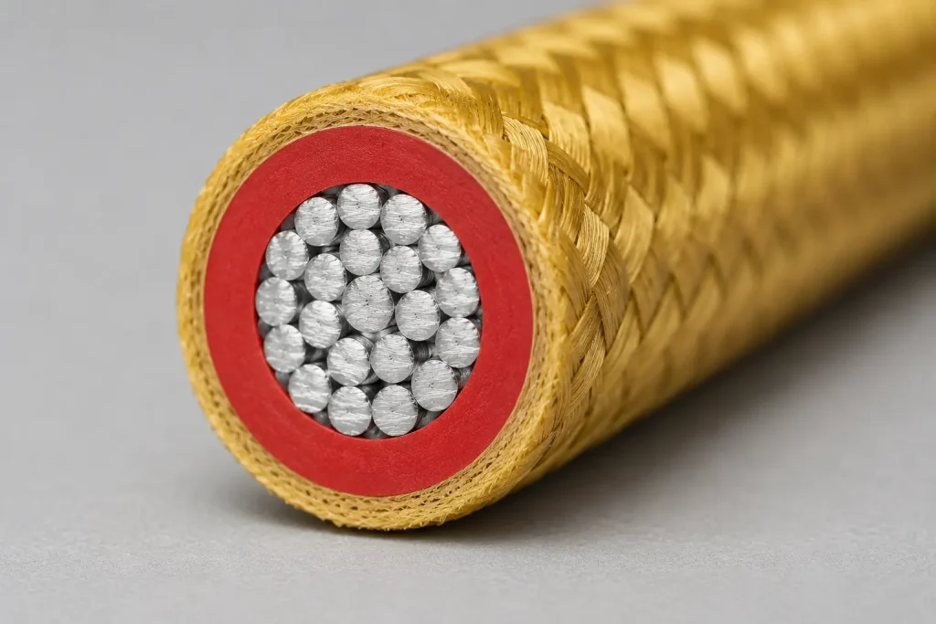UL 3172 real macro cross-section showing golden aramid Kevlar braid covering
