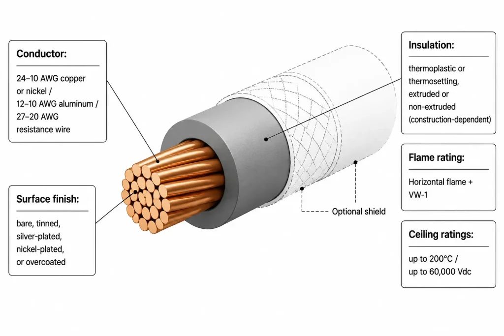 UL AWM Style 3239 cross-section technical diagram with callout lines showing conductor type options, construction-dependent thermoplastic or thermosetting insulation, and ceiling ratings per UL Subject 758
