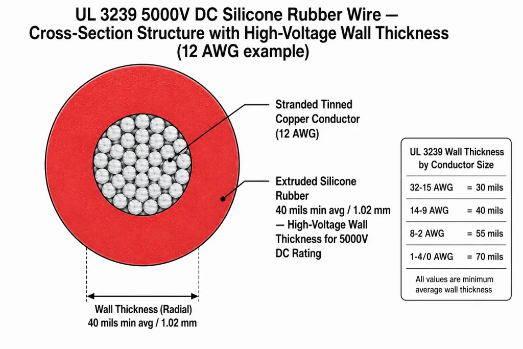 UL 3239 cross-section diagram showing substantial 40 mils silicone wall for 5000V DC rating