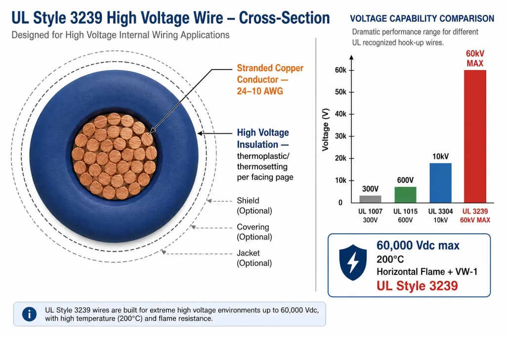 UL Style 3239 cross-section diagram 60kV high voltage wire vs 1007 1015 3304 scale