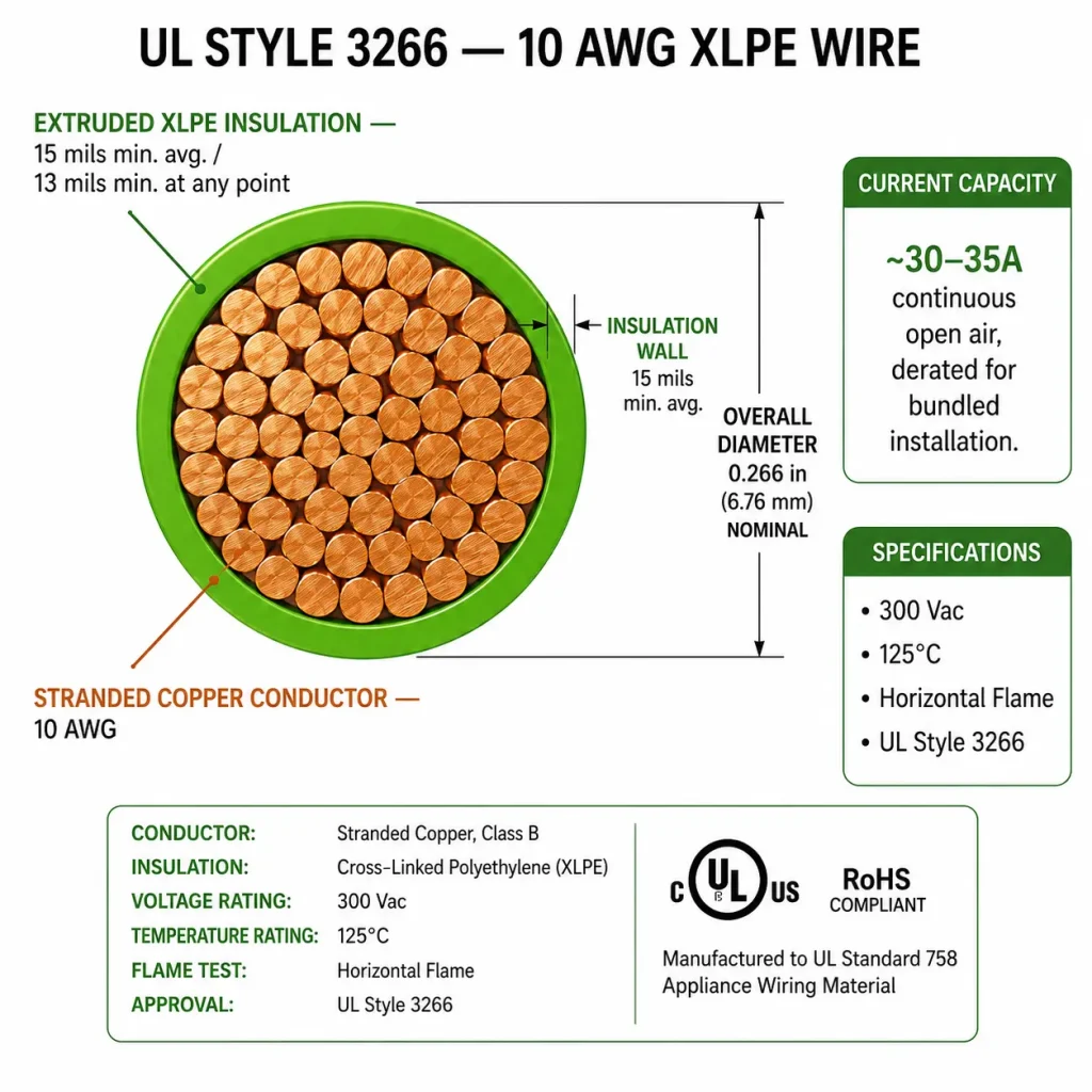 UL Style 3266 10 AWG XLPE cross-section diagram 15 mil insulation 125°C 300V