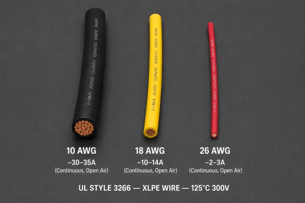 UL 3266 XLPE wire AWG size comparison 10AWG 18AWG 26AWG conductor diameter range
