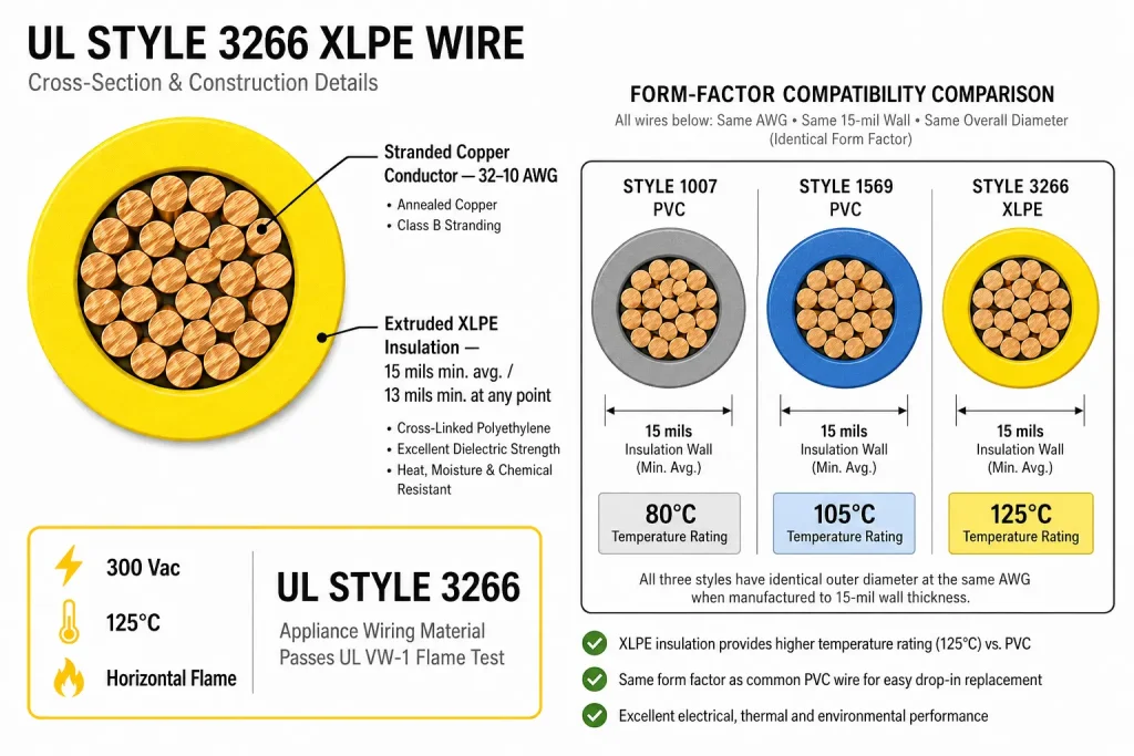 UL Style 3266 XLPE 125°C vs PVC 105°C cross-section comparison same 15mil wall