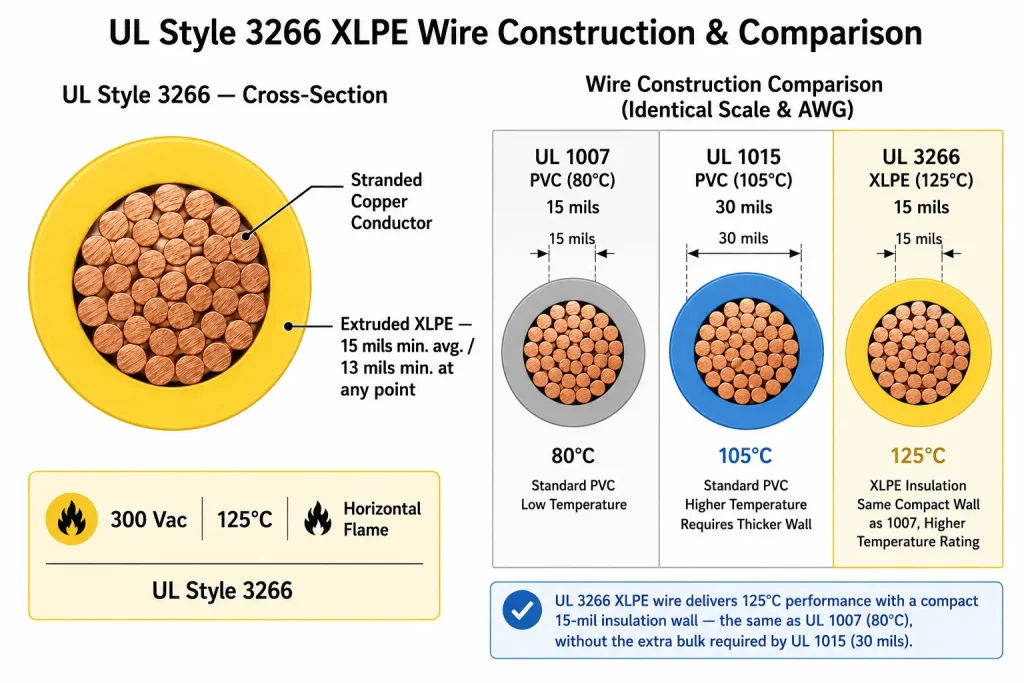 UL 3266 XLPE 125°C 15mil vs UL 1015 PVC 30mil vs UL 1007 PVC comparison diagram