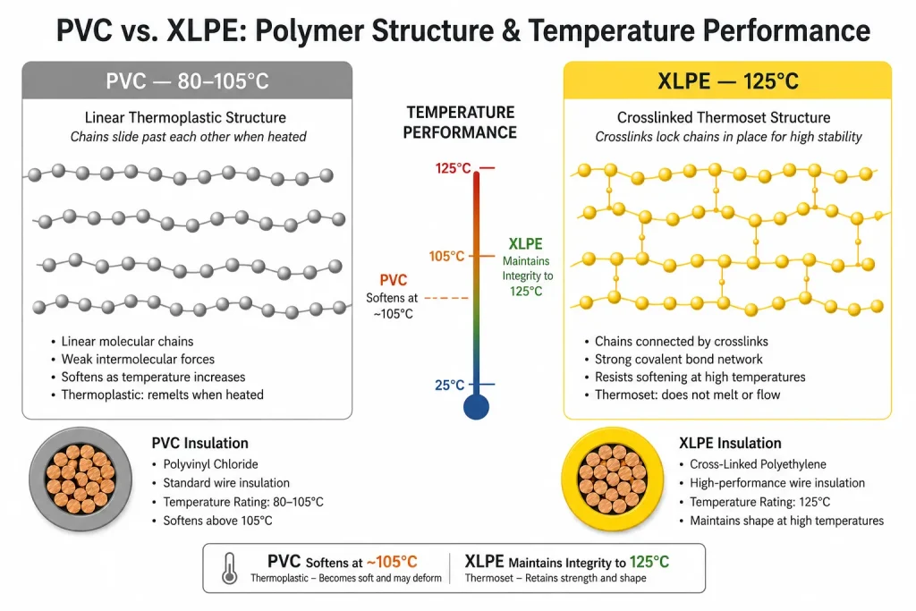 XLPE crosslinked polymer structure vs PVC thermoplastic comparison 125°C insulation