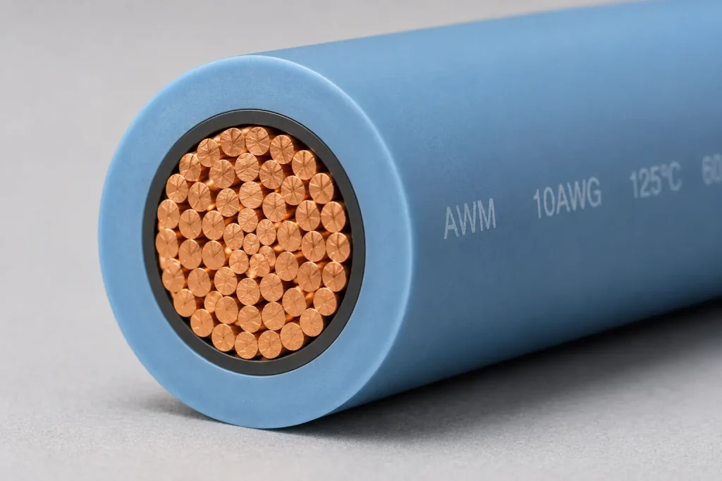 UL AWM Style 3271 semi-conductive XLPE wire cut-end close-up showing copper conductor, semi-conductive polymeric layer, and extruded XLPE insulation wall per UL Subject 758