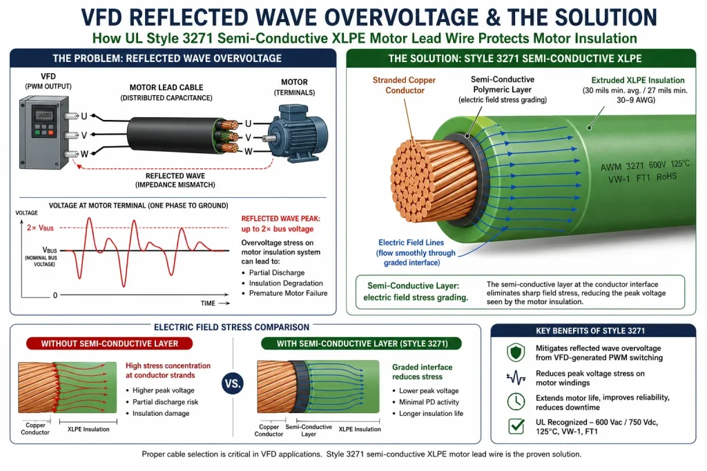 VFD reflected wave overvoltage semi-conductive XLPE insulation stress grading infographic