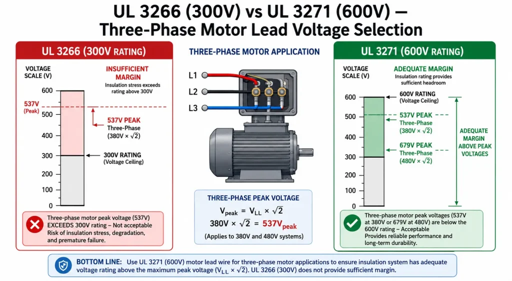UL 3271 600V vs UL 3266 300V three-phase motor lead voltage selection infographic