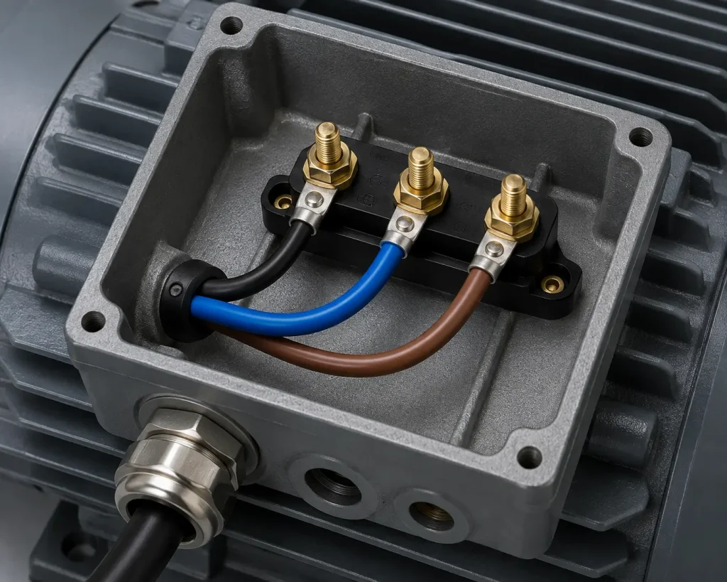 UL AWM Style 3271 XLPE motor lead wire routed from motor winding terminal inside enclosed motor terminal box, 125°C 600 Vac