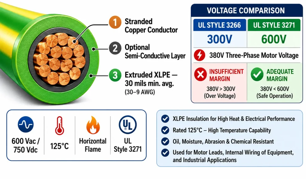 UL Style 3271 XLPE motor lead semi-conductive layer cross-section 600V 125°C diagram