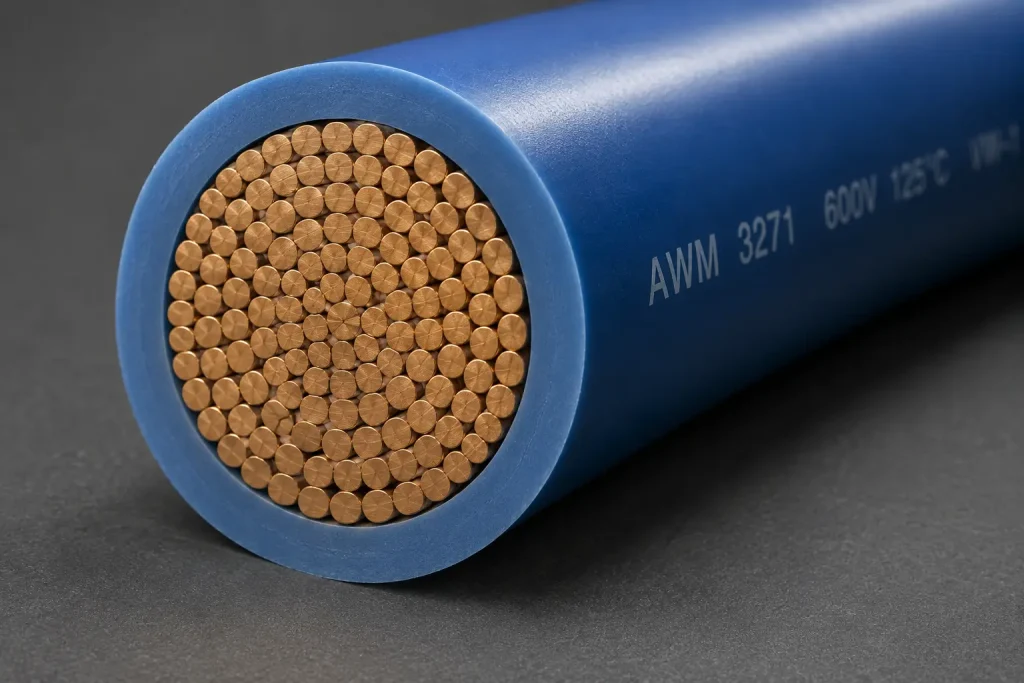 UL AWM Style 3271 XLPE wire large-conductor cut-end close-up showing stranded conductor bundle and extruded XLPE insulation wall per UL Subject 758