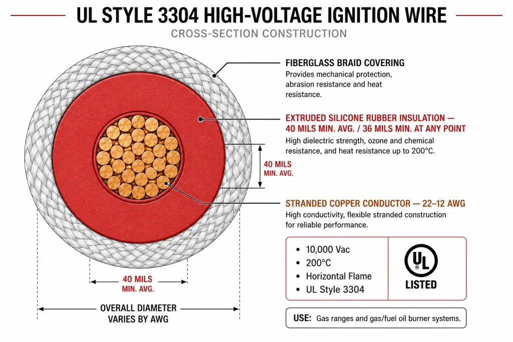 UL Style 3304 cross-section diagram 40mil silicone rubber fiberglass braid 10000Vac