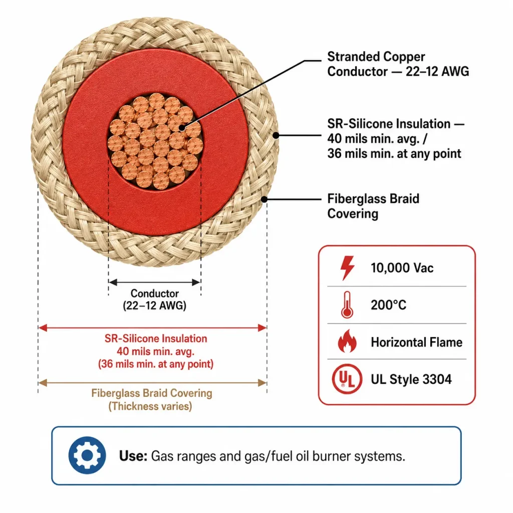 UL Style 3304 cross-section diagram 40mil silicone rubber fiberglass braid 10kV 200°C