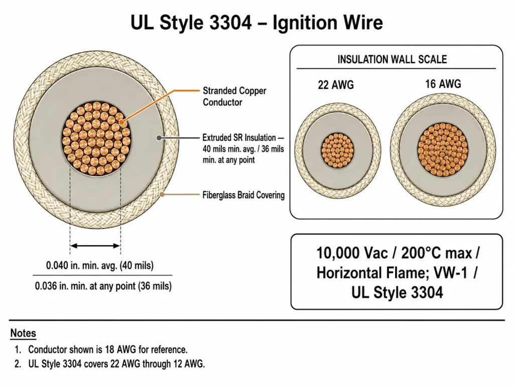 UL AWM Style 3304 cross-section technical diagram showing stranded copper conductor, 40 mils silicone rubber insulation, and fiberglass braid covering per UL Subject 758