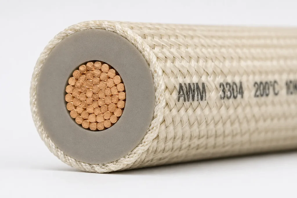 UL AWM Style 3304 ignition wire cut-end close-up showing copper conductor, 40 mils silicone rubber insulation wall, and fiberglass braid outer covering per UL Subject 758