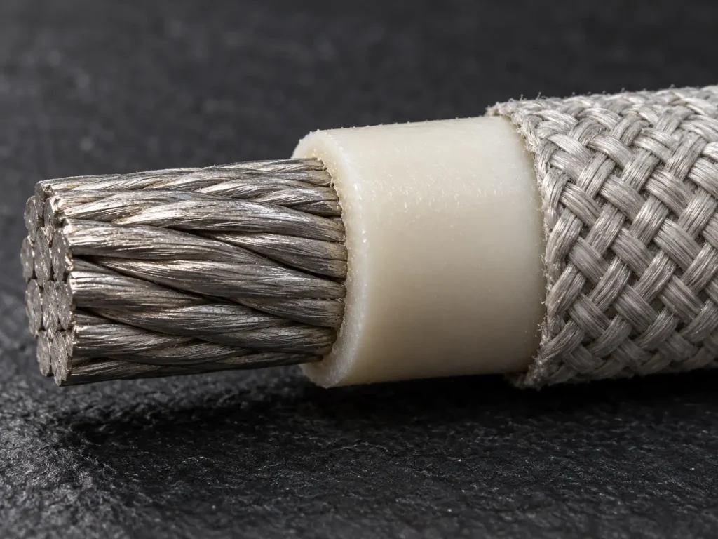 Macro stepped cut of UL 3321 4/0 AWG showing optional braid, XLPE insulation and conductor