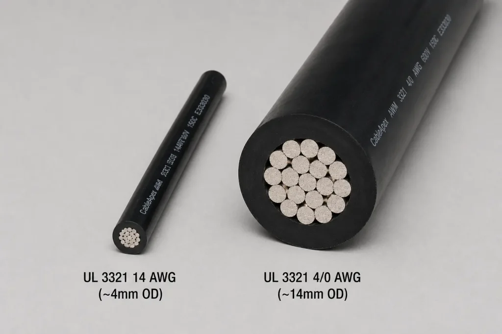 UL 3321 4/0 AWG vs 14 AWG size comparison showing dramatic gauge difference