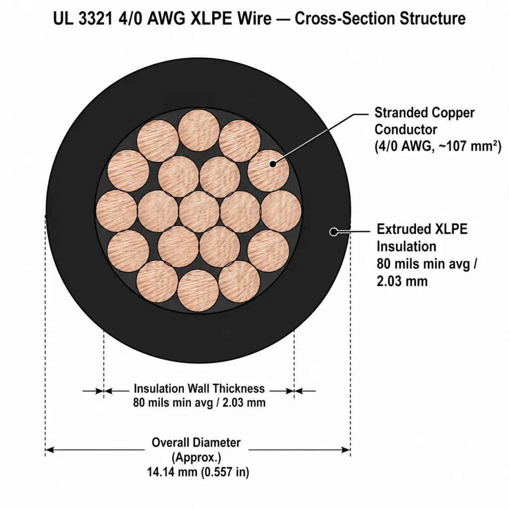 UL 3321 4/0 AWG XLPE cross-section showing 19 stranded conductor and 80 mils wall