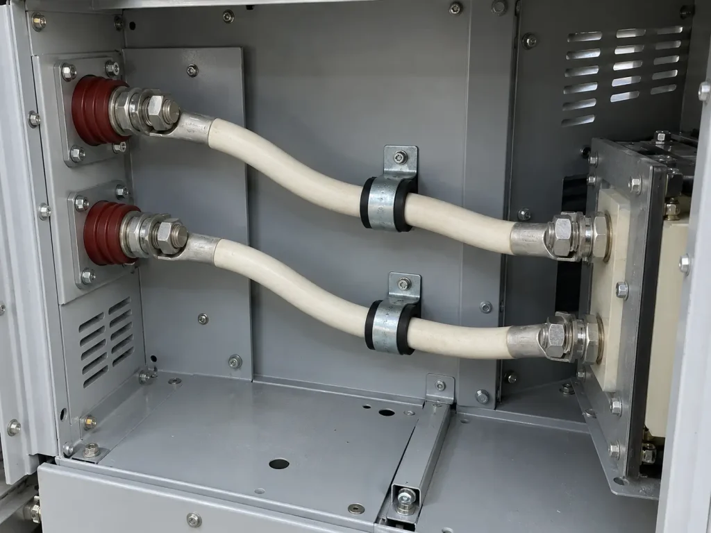 UL 3321 4/0 AWG XLPE wire routed between internal terminals inside an appliance cabinet