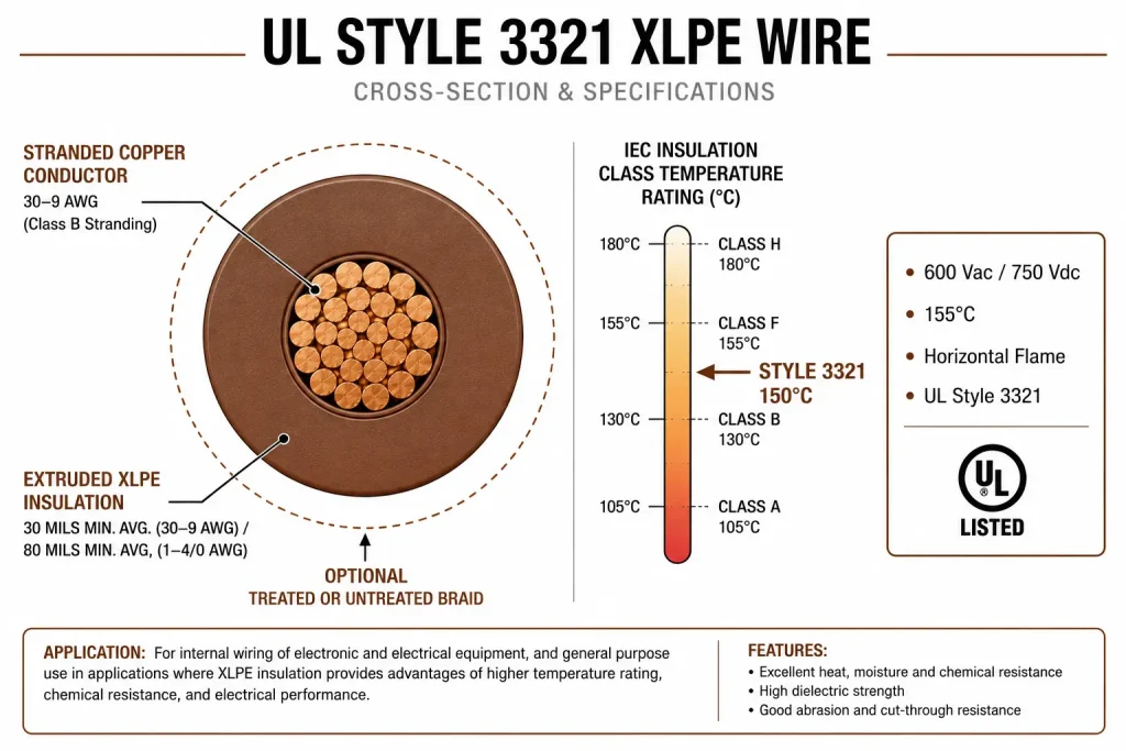 UL Style 3321 XLPE 150°C cross-section diagram IEC Class F insulation 600V motor lead