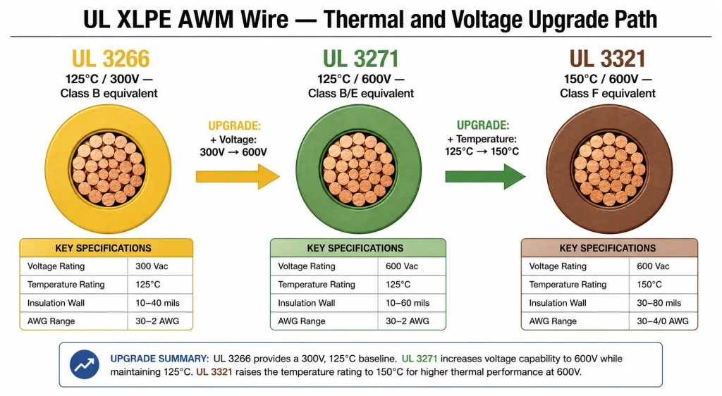 UL XLPE AWM wire thermal upgrade path 3266 125C 3271 125C 600V 3321 150C 600V
