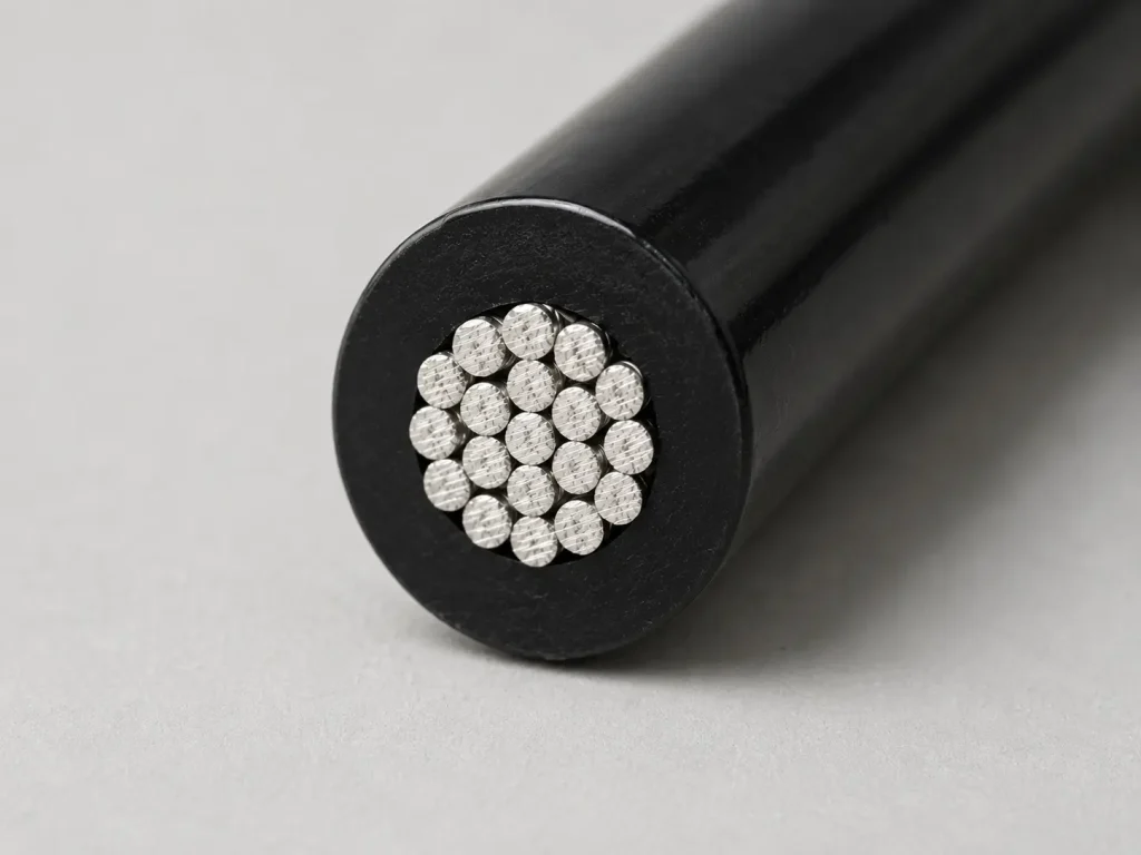 UL 3321 XLPE wire real macro cross-section showing black glossy XLPE insulation and tinned copper