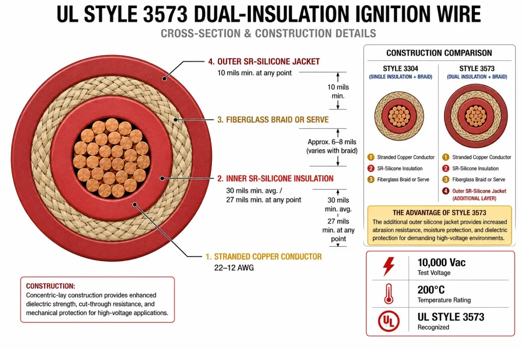 UL Style 3573 cross-section diagram inner SR 30mil fiberglass braid outer SR jacket