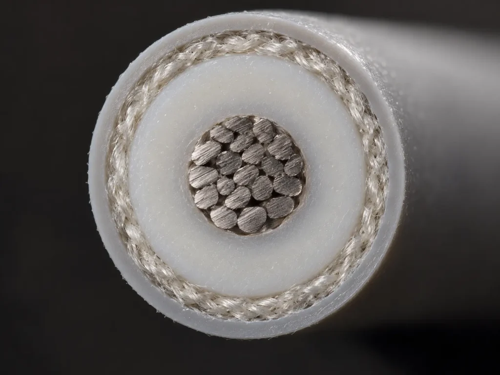 Macro cut face of UL 3573 wire showing thin outer insulation, braid and thicker inner SR layer