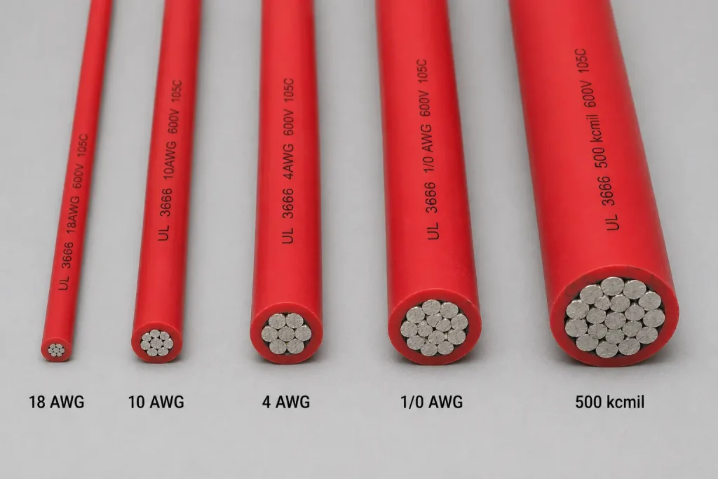 UL 3666 AWG range demonstration from 18 AWG to 500 kcmil showing wide gauge coverage