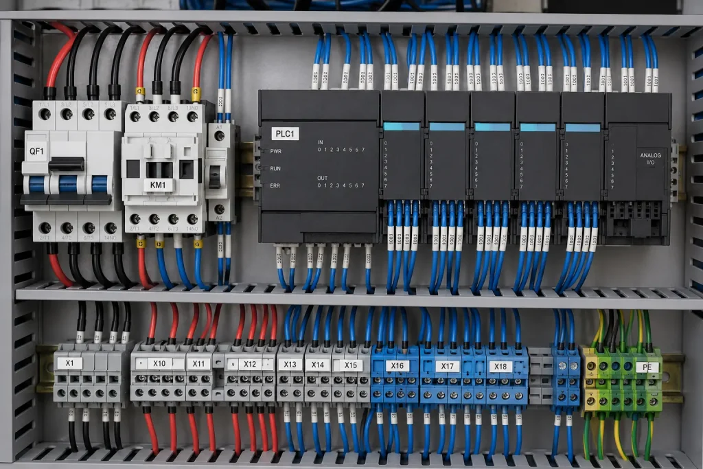UL 3666 XLPE wires in industrial control panel with PLC and contactors