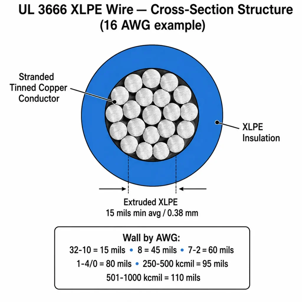 UL 3666 XLPE cross-section showing tinned copper and 15 mils XLPE insulation