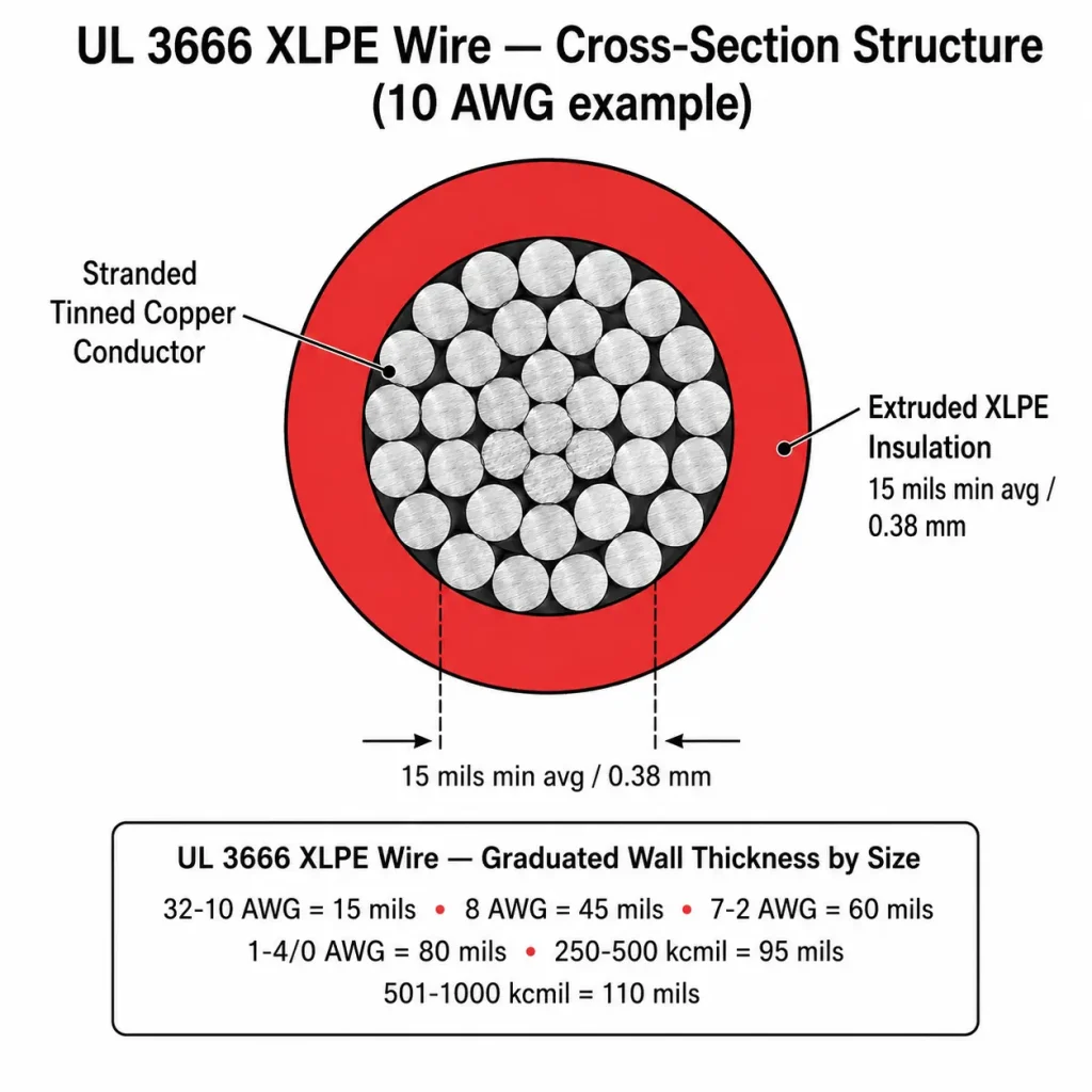 UL 3666 XLPE cross-section showing graduated wall thickness across AWG range