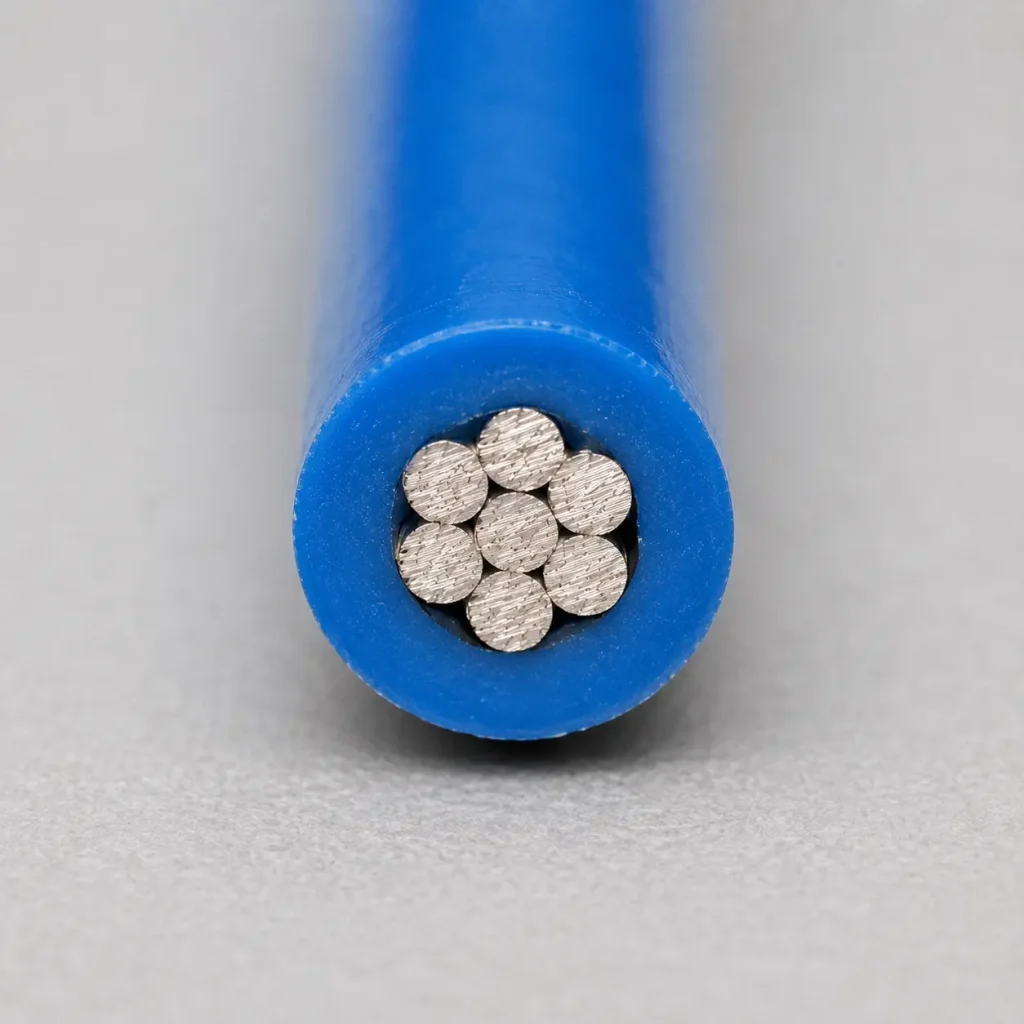 UL 3666 XLPE real macro cross-section showing blue glossy XLPE and tinned copper