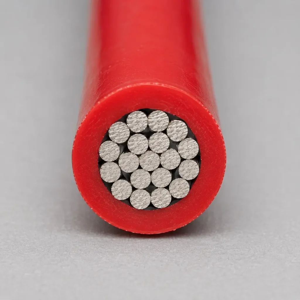 UL 3666 XLPE real macro cross-section showing red glossy XLPE and stranded copper