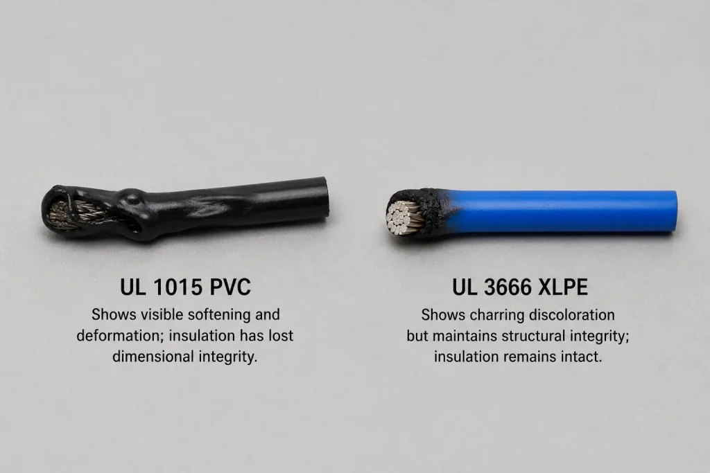 UL 3666 XLPE vs UL 1015 PVC heat exposure behavior comparison showing thermoset vs thermoplastic