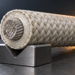 UL 5107 250–550 kcmil stranded mica wire length resting on a steel V-block