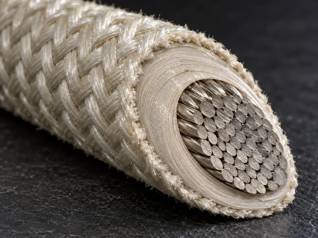 Oblique macro cut of UL 5107 250–550 kcmil wire showing stranded conductor, layered mica and glass braid
