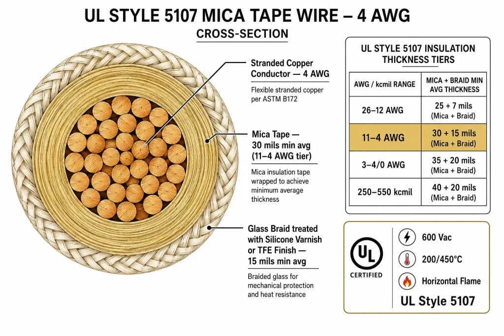 UL Style 5107 4 AWG mica tape cross-section diagram 30mil mica 15mil glass braid tier