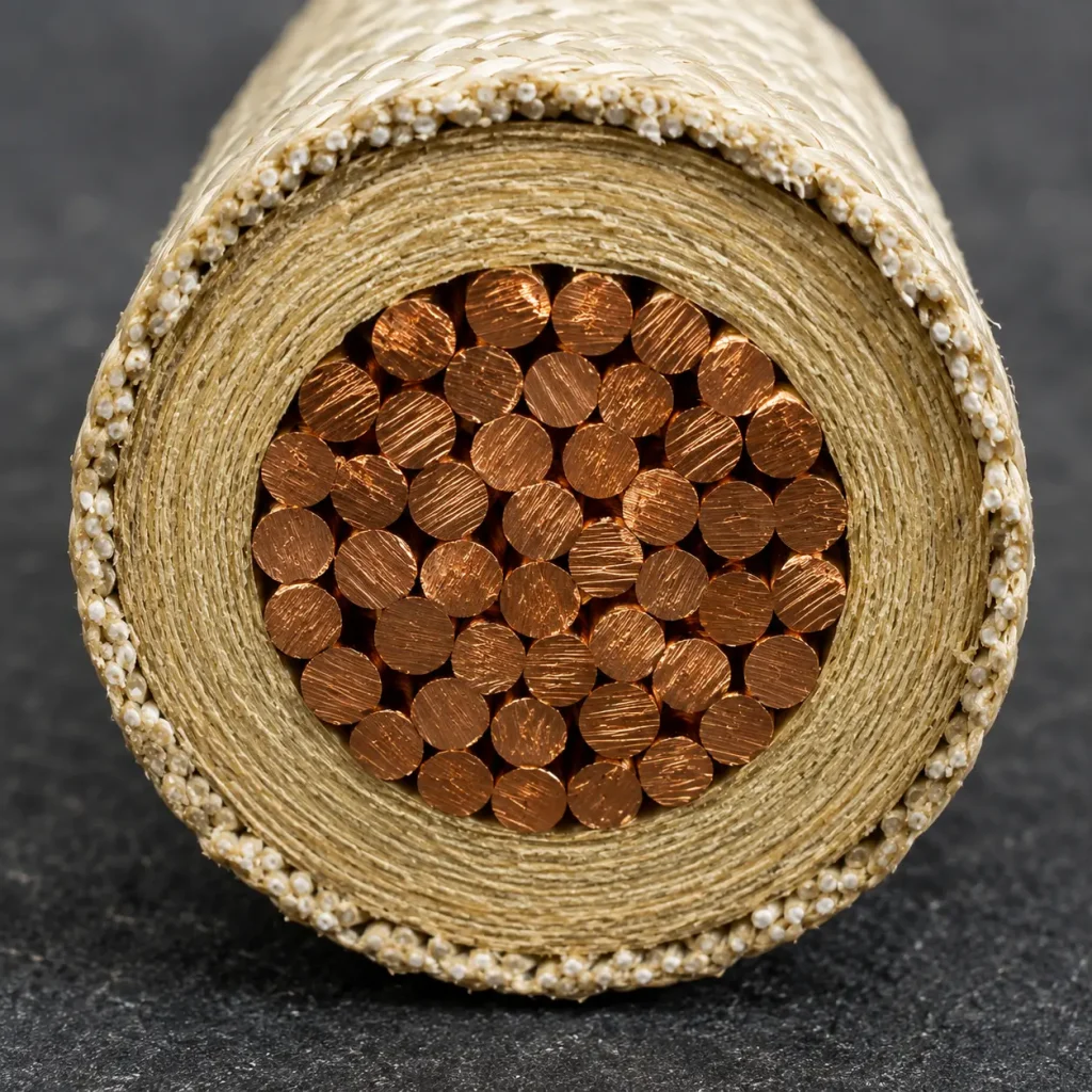 Macro cross-section UL 5107 4 AWG mica tape heavy gauge mineral insulation copper