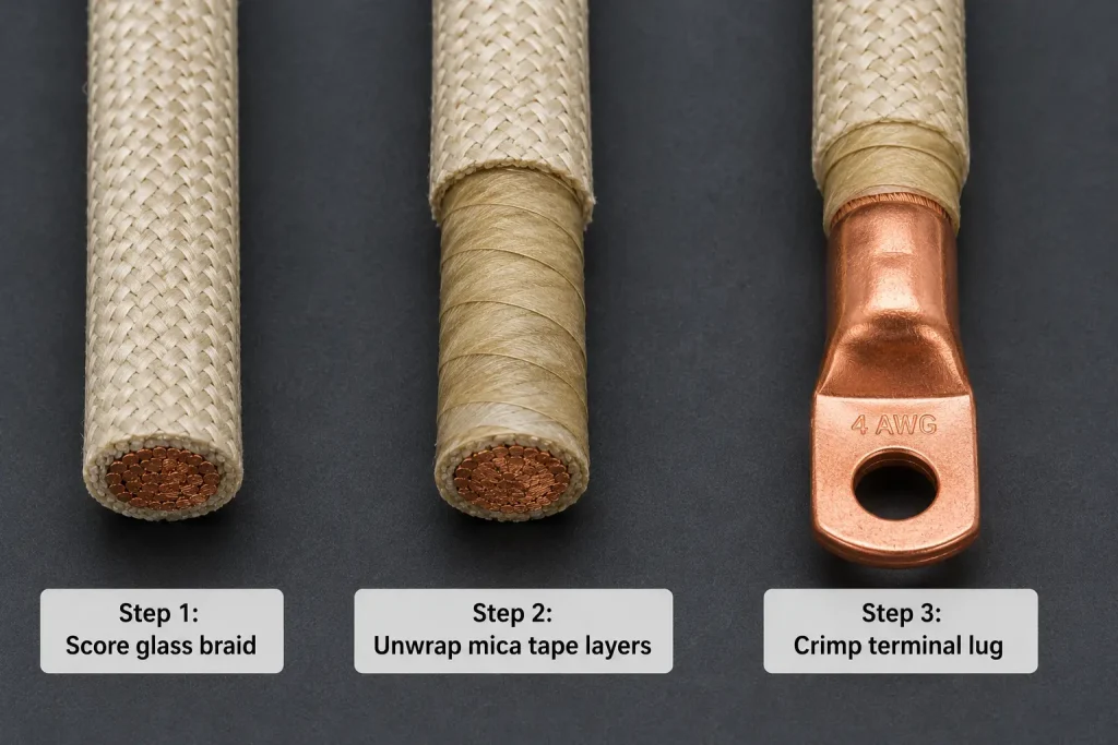 UL 5107 mica tape wire termination preparation glass braid removal mica unwrap sequence