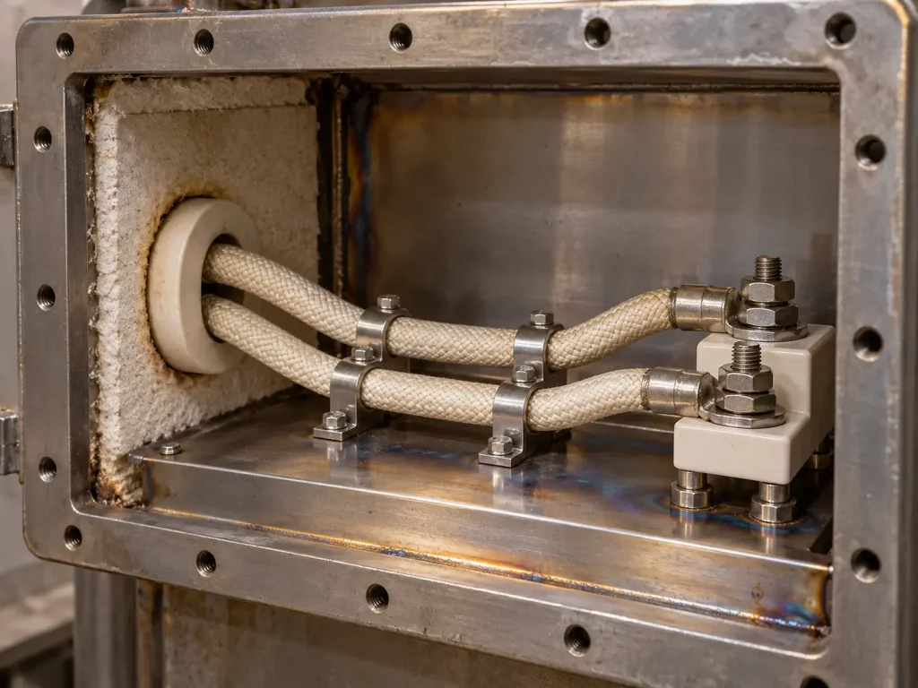 UL 5107 8 AWG mica wire fixed on a protected internal route to ceramic terminals