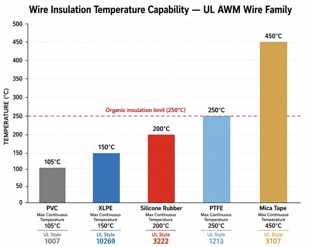 Wire insulation temperature comparison PVC XLPE silicone PTFE mica tape UL AWM chart