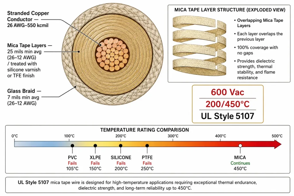 UL Style 5107 mica tape cross-section diagram layered mica glass braid 450°C 600V