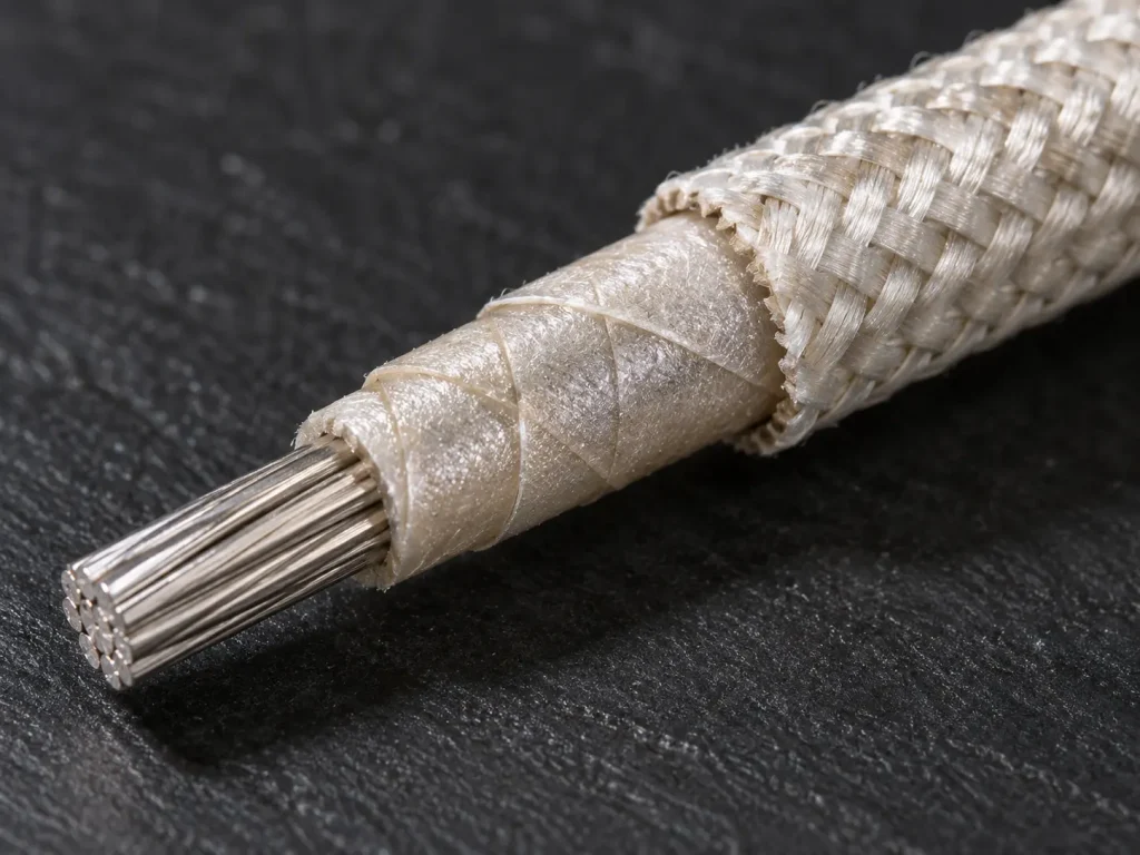 Macro stepped strip of UL 5107 showing glass braid, wrapped mica tape layers and conductor